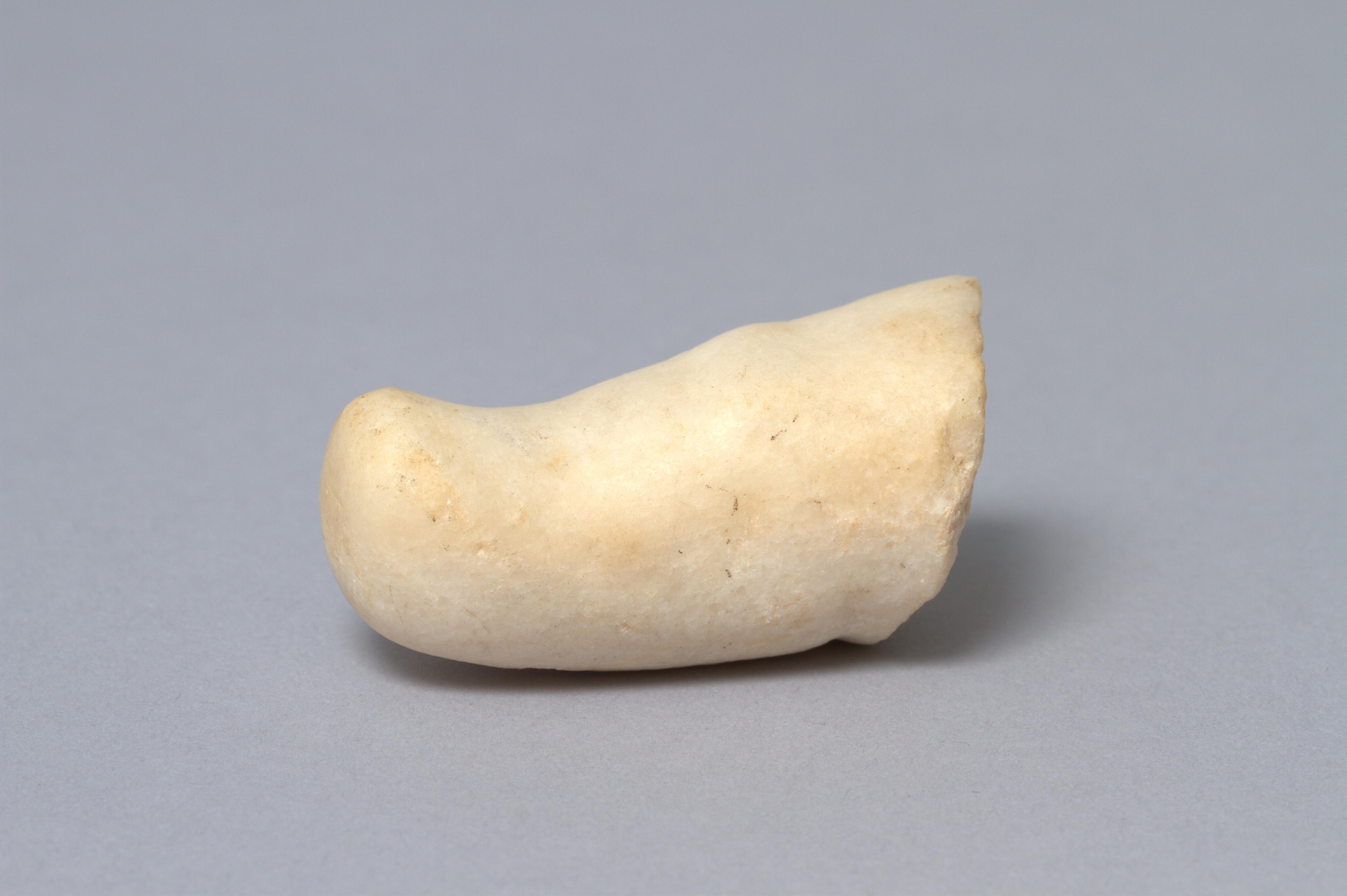 A toe sculped out of marble that has broken off a larger statue.