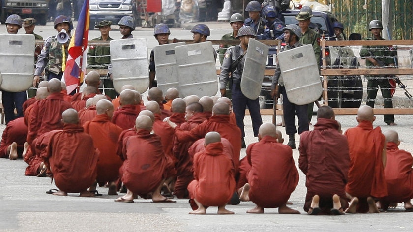 Soldiers have released tear gas in various parts of Rangoon and one report says up to 300 people have been arrested, including about 100 monks. (File photo)