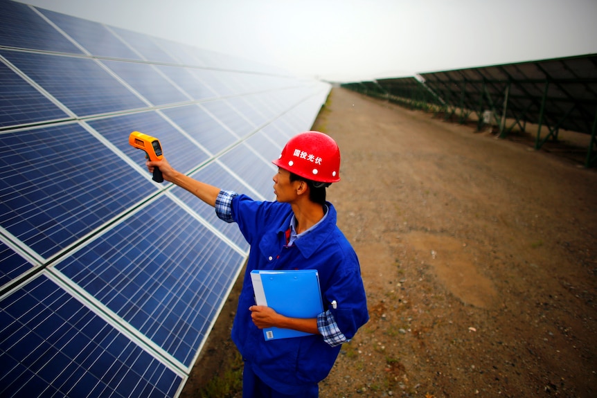 A worker inspects solar panels at a solar farm.