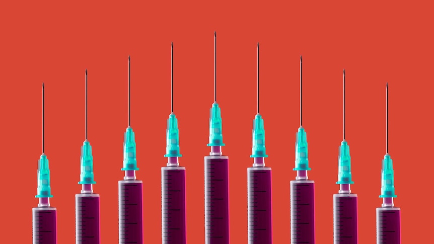 Multiple syringes organized in a pattern over orange background.