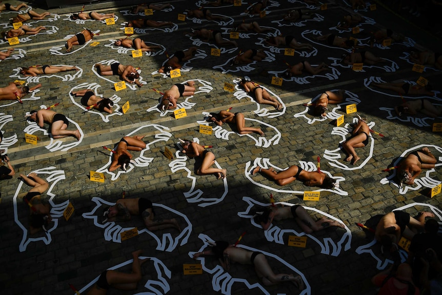 Topless people lay on the ground in the middle of chalked outline of bulls.