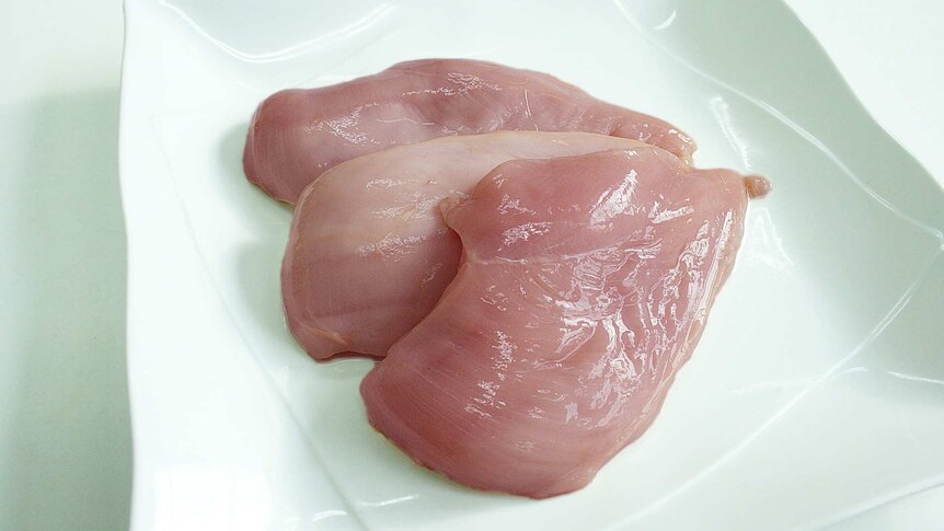 Three raw chicken breast fillets sitting on a white plate.