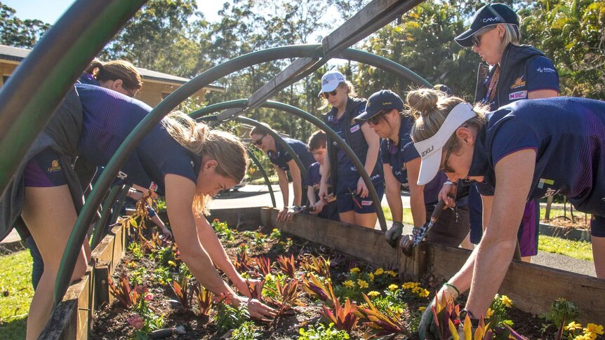 Sports team planting plants in a community garden