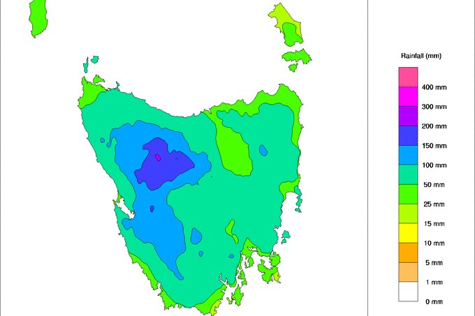 map of Tasmania showing rainfall totals over the last week
