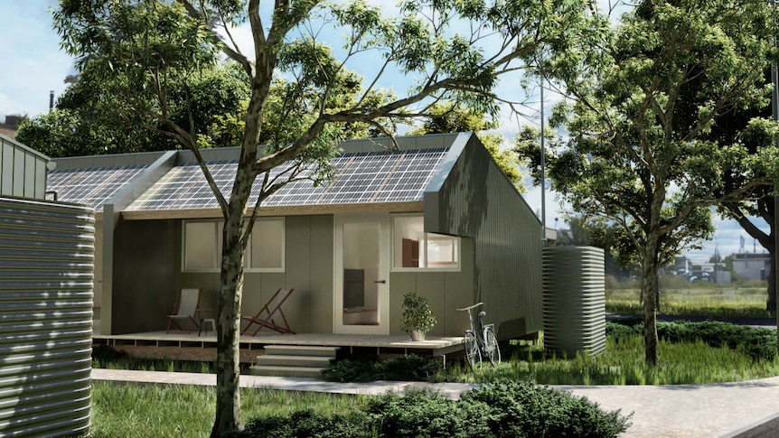 A design of a prefabricated house with solar panels on the roof and trees surrounding it.