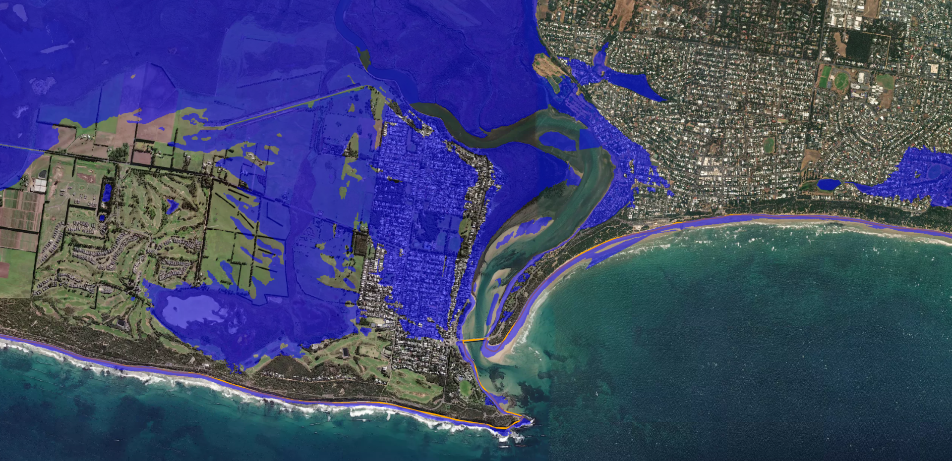 Flood mapping by the government that show the ocean levels at Barwon Heads during a storm surge with a predicted 82cm sea level rise.