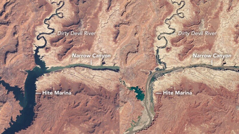 A composite image of the two satellite image of the same water body, 20 years apart, showing a dramatic reduction.