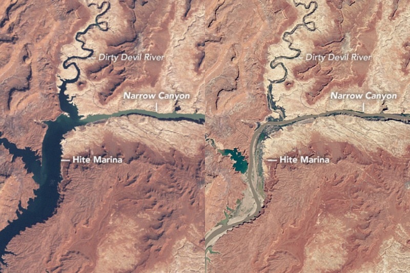 A composite image of the two satellite image of the same water body, 20 years apart, showing a dramatic reduction.