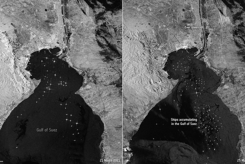 A black and white satellite image showing traffic backed up on the canal on 25 March.