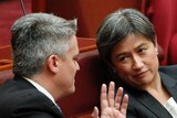 Finance Minister Mathias Cormann gestures with left hand, speaks to Penny Wong in the Senate