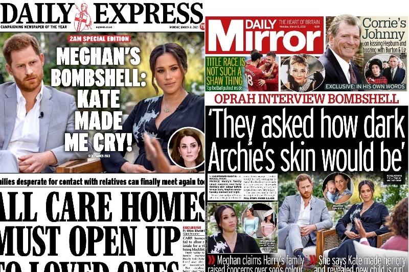 Daily Express and Daily Mirror front pages focusing on Prince Harry and Meghan Markle's interview with Oprah Winfrey on CBS.