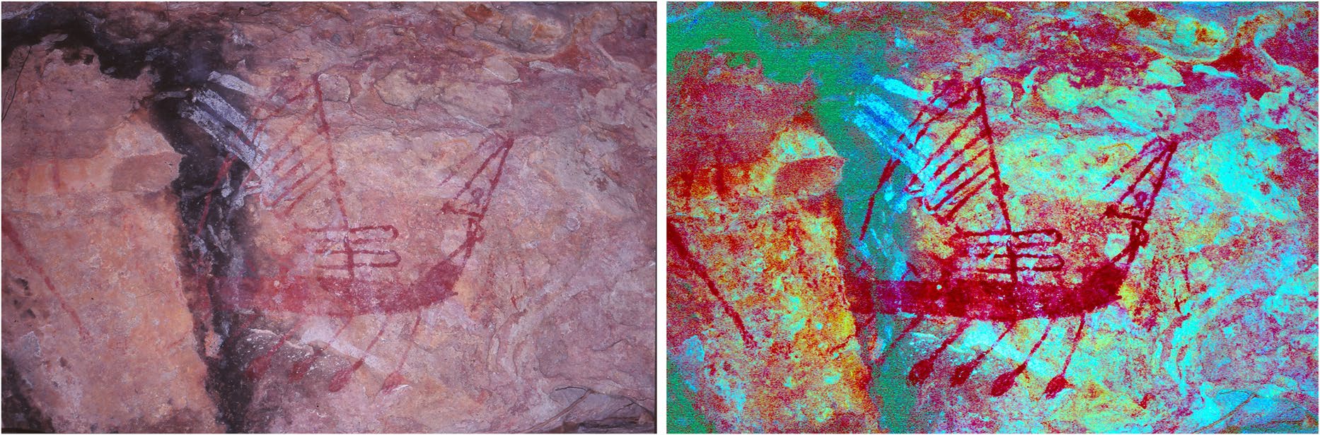 Two up-close images of rock art of ships
