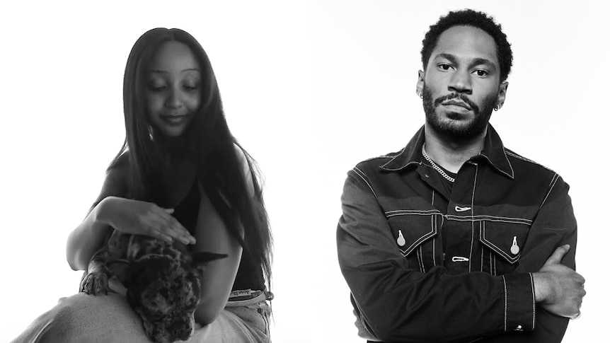 A black and white photo of PinkPantheress sitting with a dog in her lap and KAYTRANADA arms folded in a denim jacket