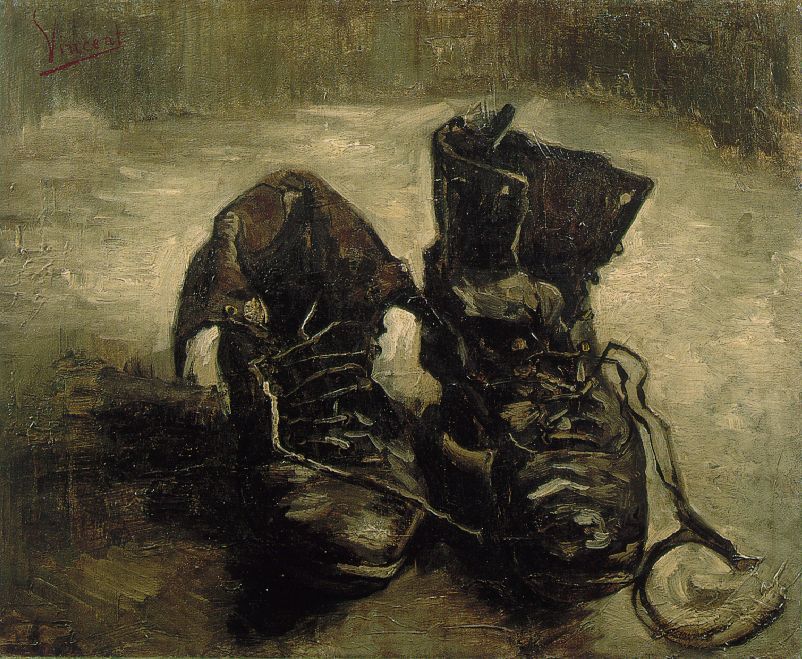 A painting of a pair of worn black lace-up boots against a green-grey background