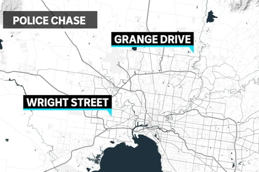 A map of Melbourne showing Grange Drive, in the north of Melbourne, and Wright street, some distance away in the West.