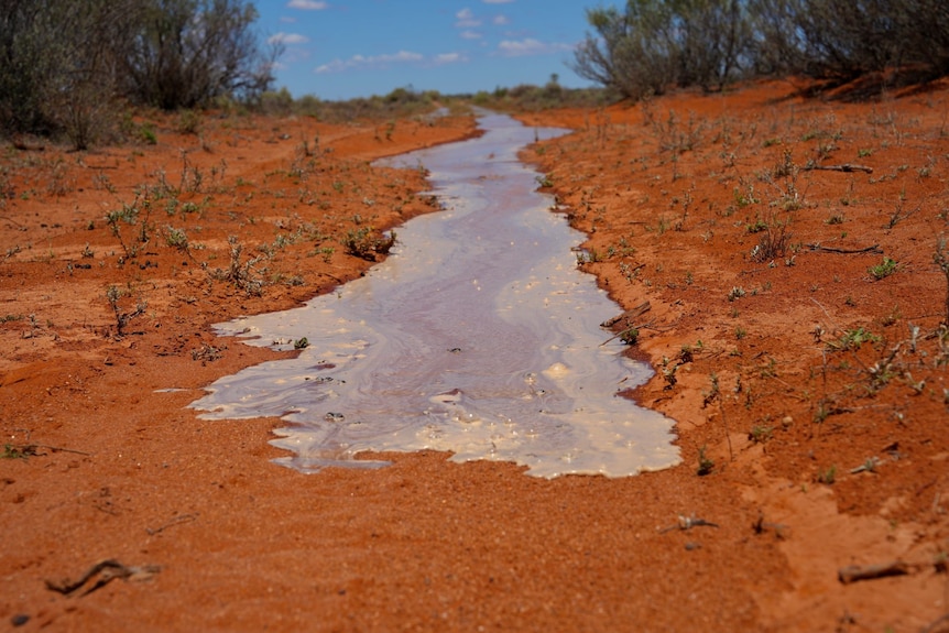 Water moves across drought-parched red soil.
