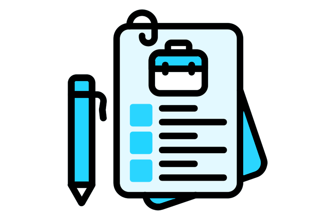 A blue graphic of a pen next to a clip board, over the word 'jobs'