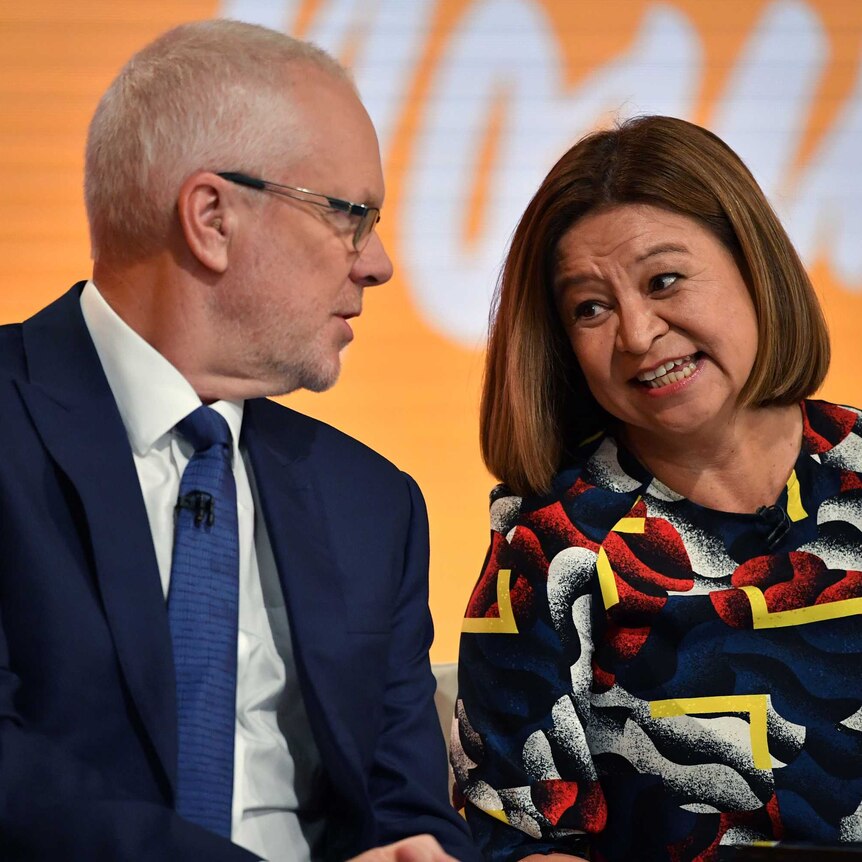 ABC Chairman Justin Milne (left) and Managing Director Michelle Guthrie talk at the ABC Annual Public Meeting