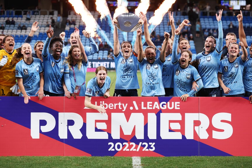 Sydney FC players celebrate victory after winning the A-League Women Premier's Plate.