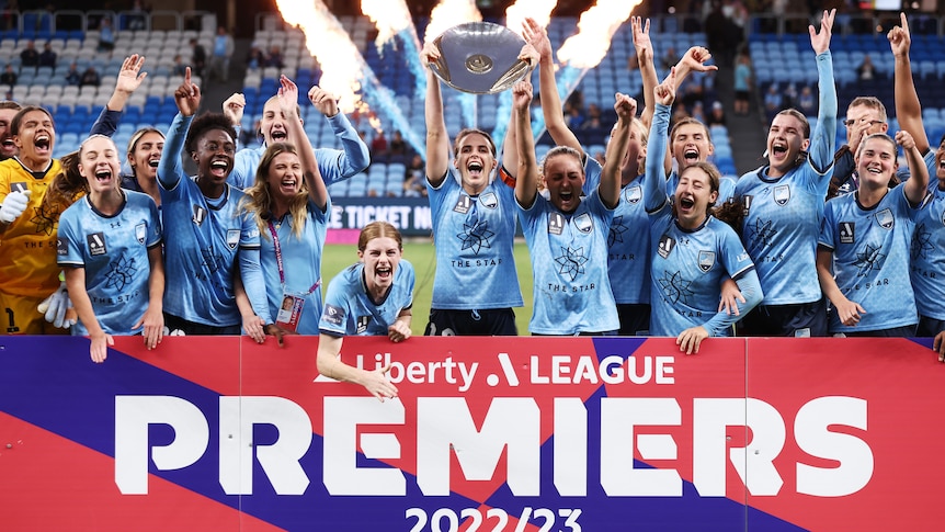 Sydney FC players celebrate victory after winning the A-League Women Premier's Plate.