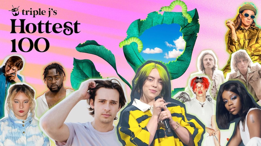 A collage of artists with the Hottest 100 artwork