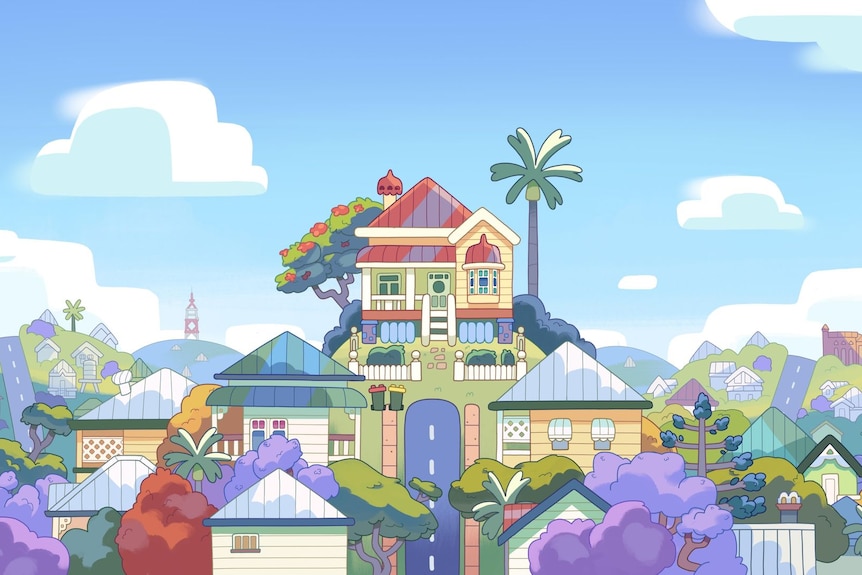 A cartoon picture of a house on the top of a hill in a suburb.