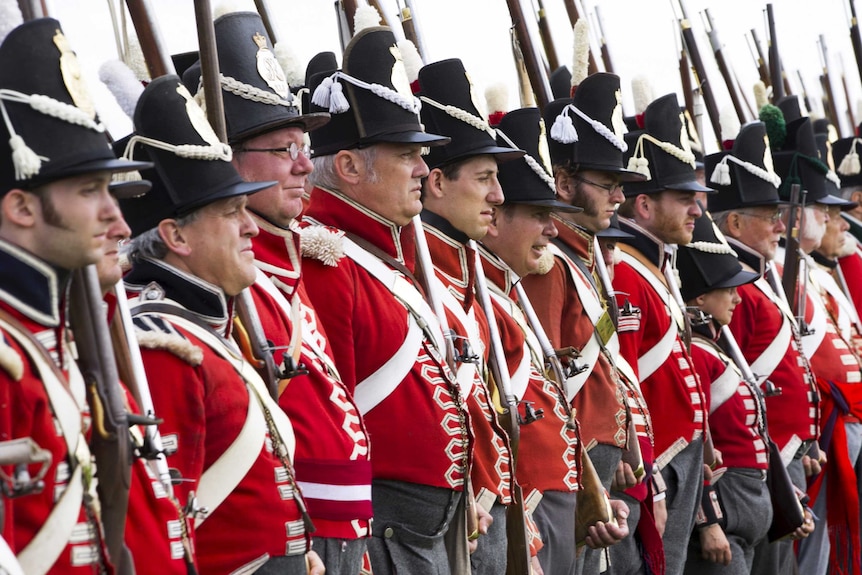 Re-enactors train in the Allied Bivouac camp during the bicentennial celebrations for the Battle of Waterloo