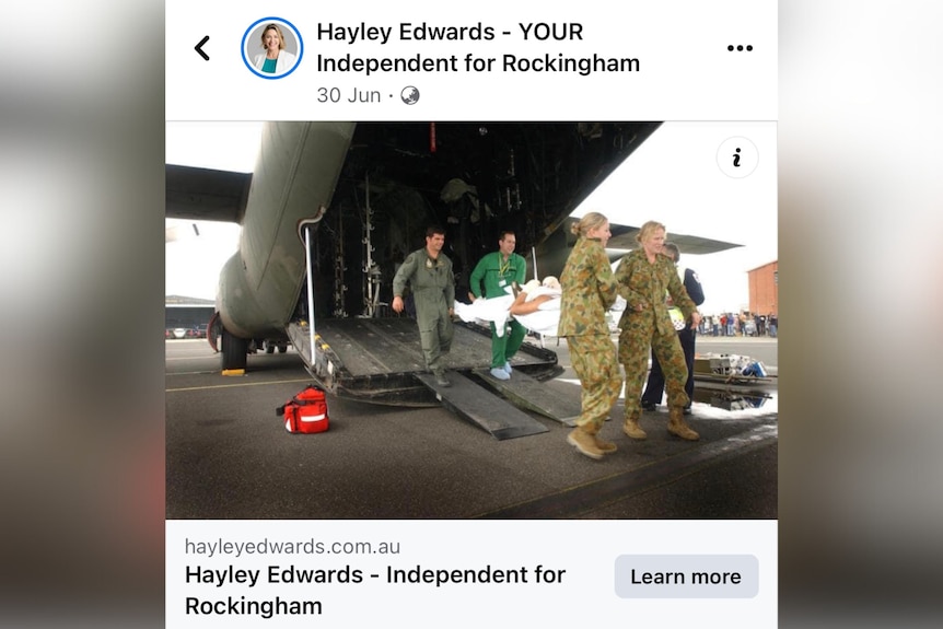 A screenshot of a Facebook post by Hayley Edwards, with a picture of people carrying a person in a stretcher in ADF fatigues.