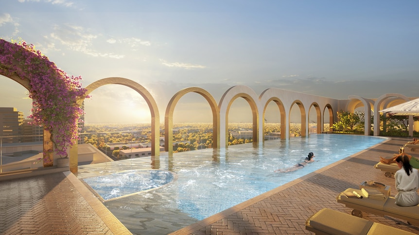 An infinity pool with curved arches along its free edge.