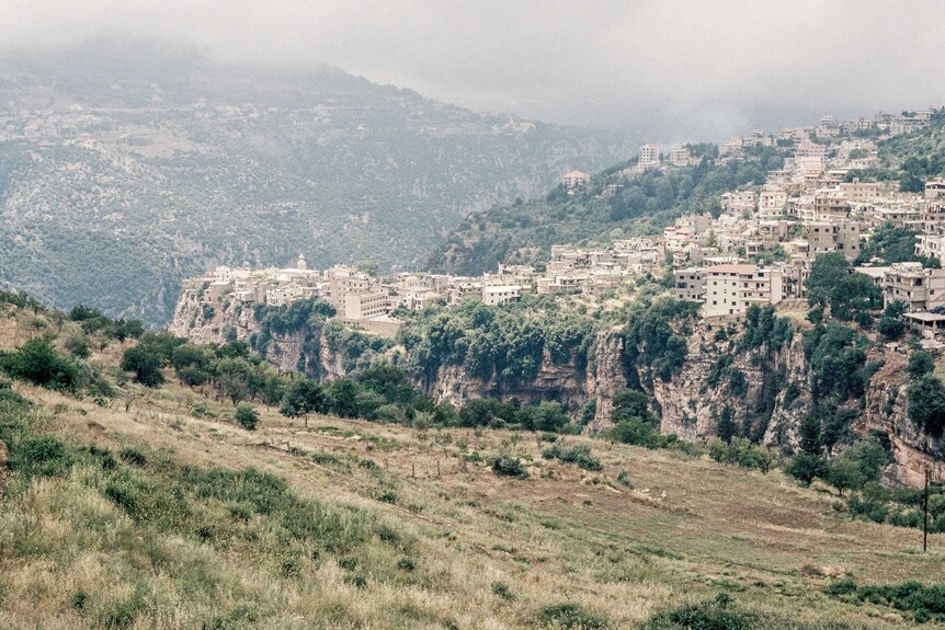 A photograph of a mountainside village in Lebanon that Thom went to on holiday, the mountain is covered in green trees.