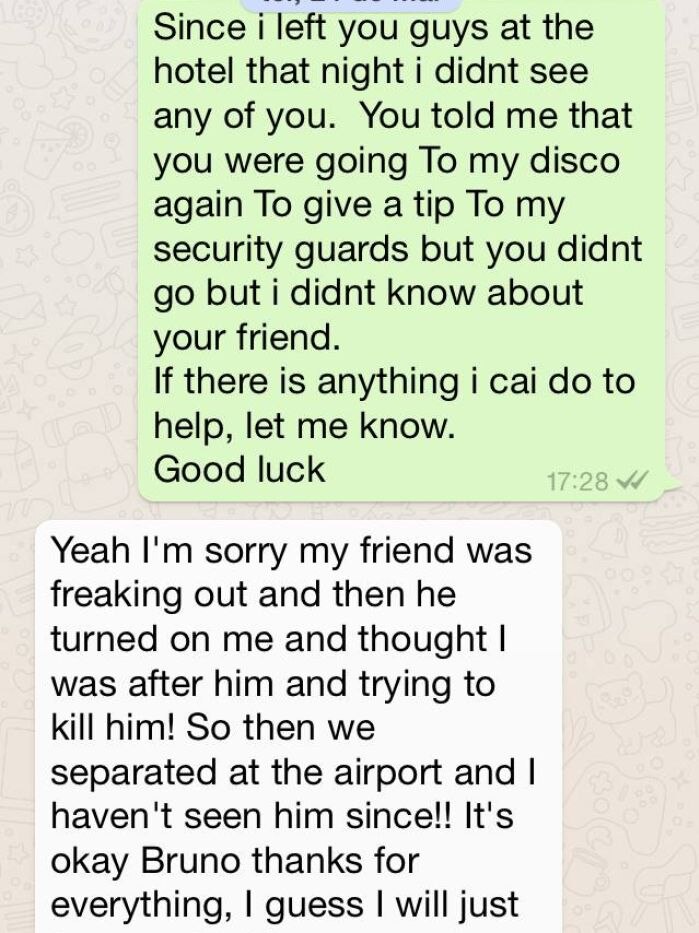 Screenshot of whatsapp messages Mitch Sheppard and nightclub owner Bruno Mouta.