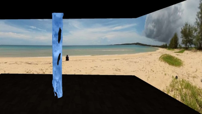 Digitally generated gallery 'cube' with image of sea and sad on three walls and an upright painted hollow log in centre.