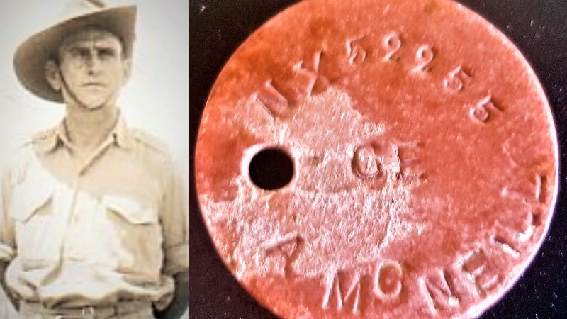 A man in military uniform next to a composite image of an old, tattered dog-tag.