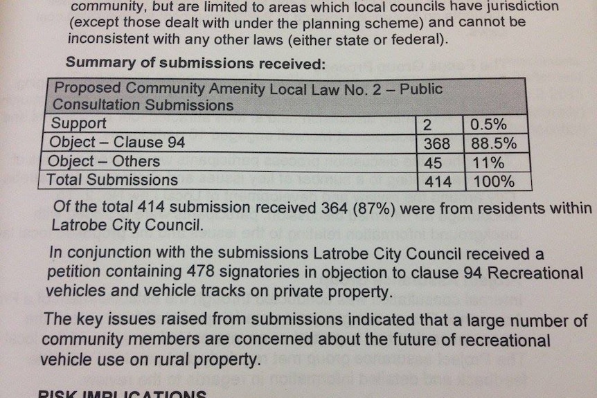 A Latrobe City Council document outlining objections to changes in local laws