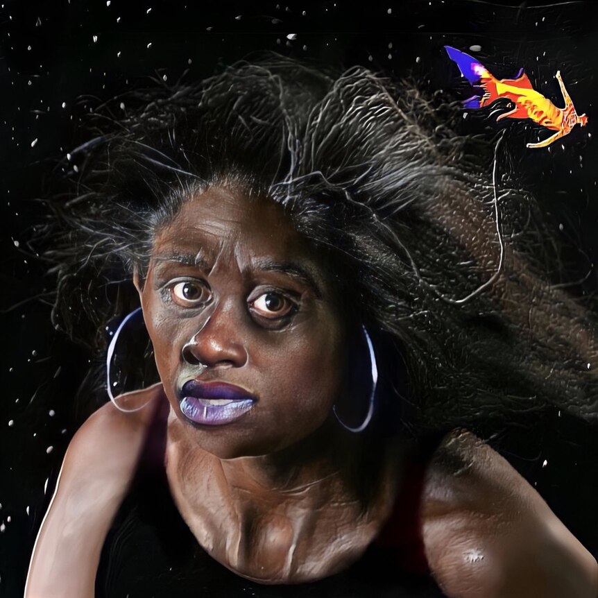 a heavily photoshopped person floats in space