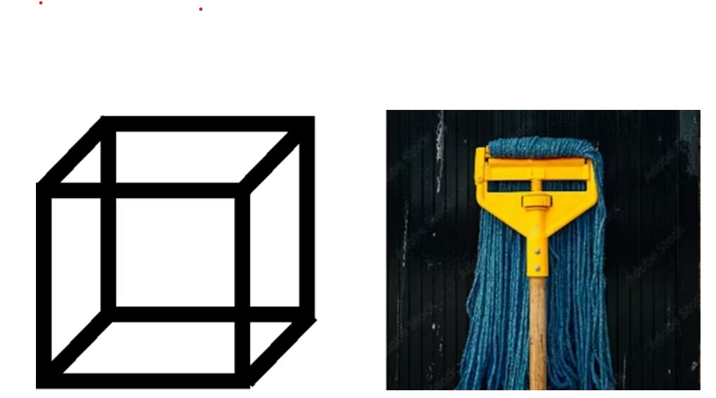 Black lines form a cube shape on left and a yellow plastic frame with blue mop head looks like a face with hair