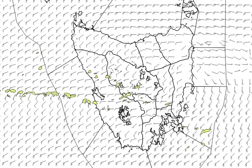 Graph of map of Tasmania with weather markings depicting rain and wind measurements.