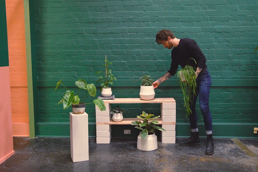 Large concrete bricks can be used as pillars for plants, or as the base of a homemade plant stand, a DIY plant display.