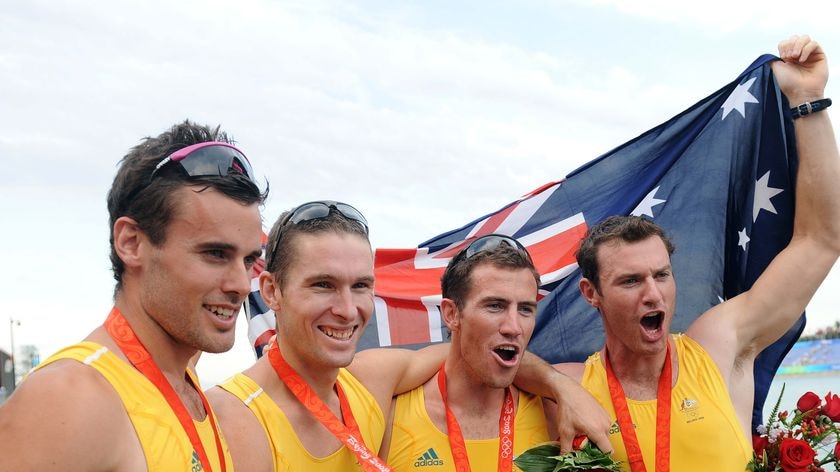 Matt Ryan, James Marburg, Cameron McKenzie-McHarg and Francis Hegerty celebrate with their medals