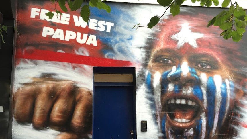 A mural with a woman with the red, blue and white morning star independence flag painted on her face