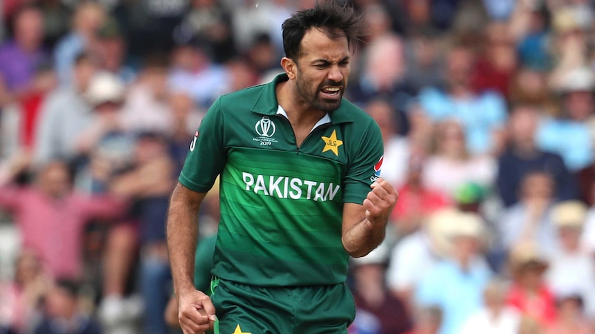 Wahab Riaz clenches his fist and grimaces in joy