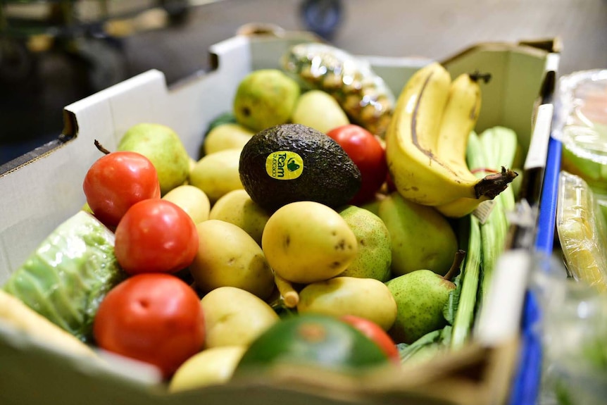 Ripe fruit and vegetables in a box at Oz Harvest in Brisbane.