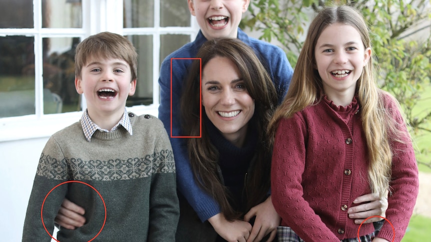 Image of the Princess of Wales, George, Charlotte and Louis with annotations of possible manipulations. 