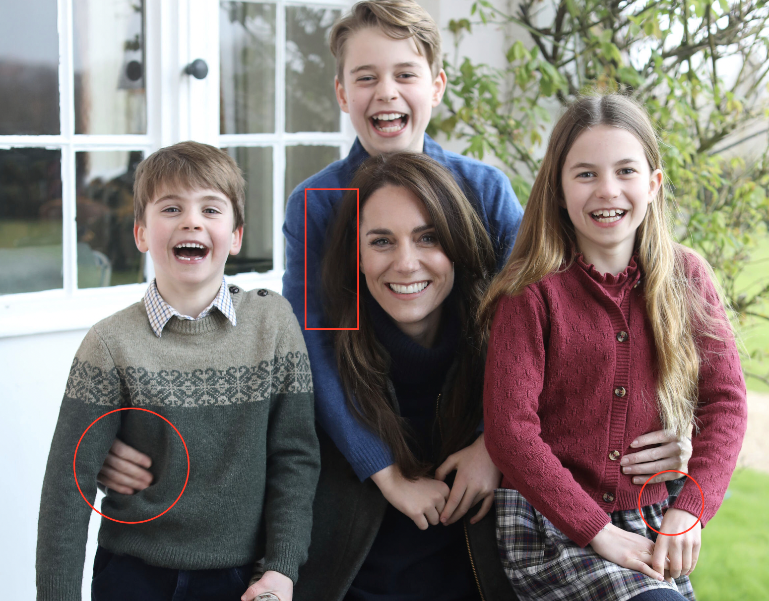 Image of the Princess of Wales, George, Charlotte and Louis with annotations of possible manipulations. 