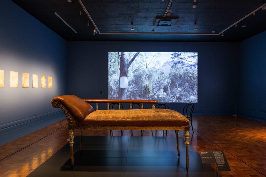 Interior gallery with wooden floor and dusky blue walls with chaise longue in foreground and video screen behind.