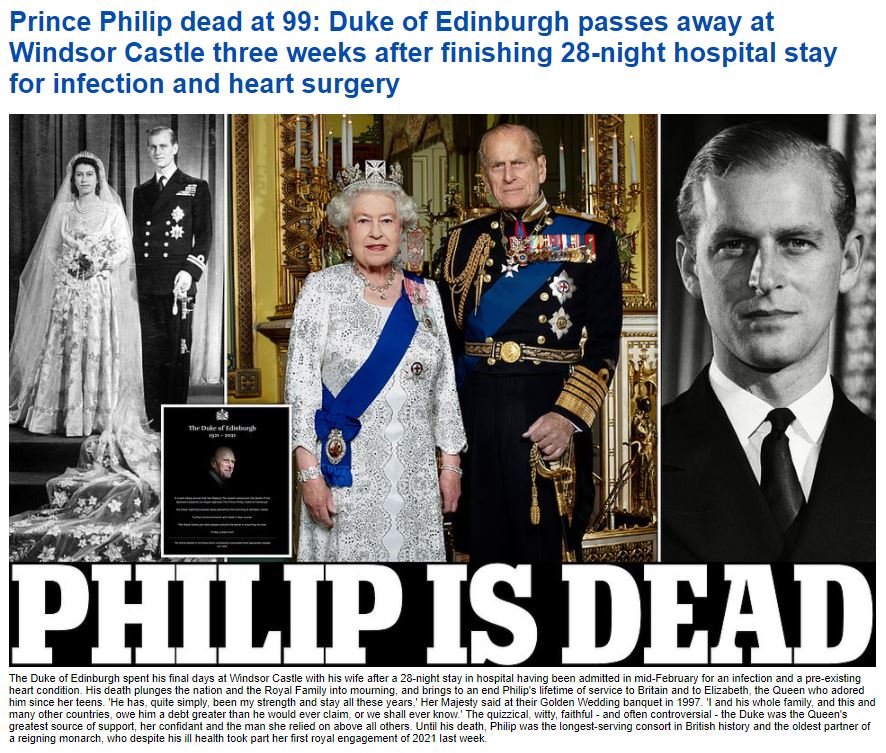 Daily Mail website after the death of Prince Philip.