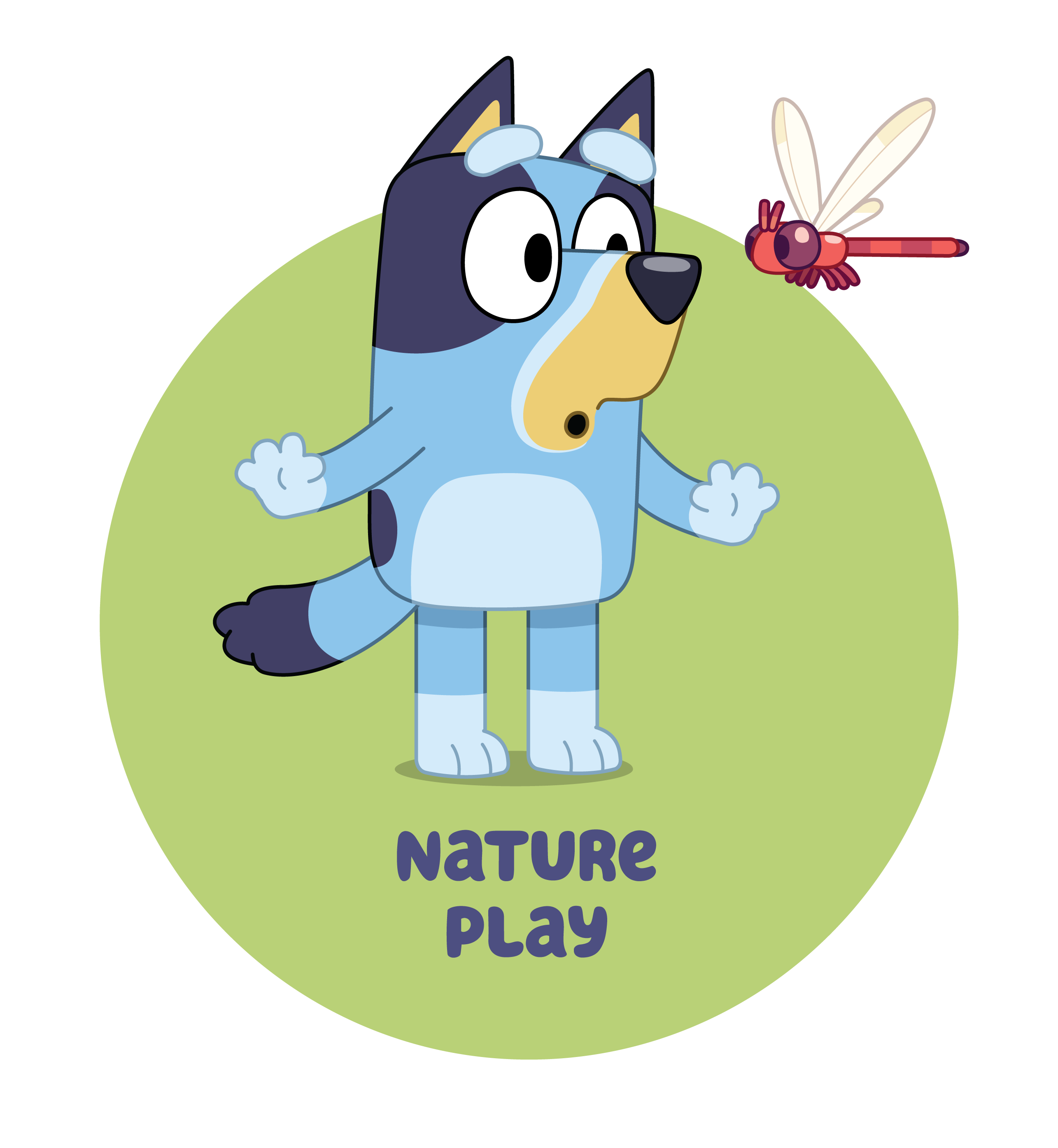 Bluey looking at a dragonfly with the text "Nature Play"