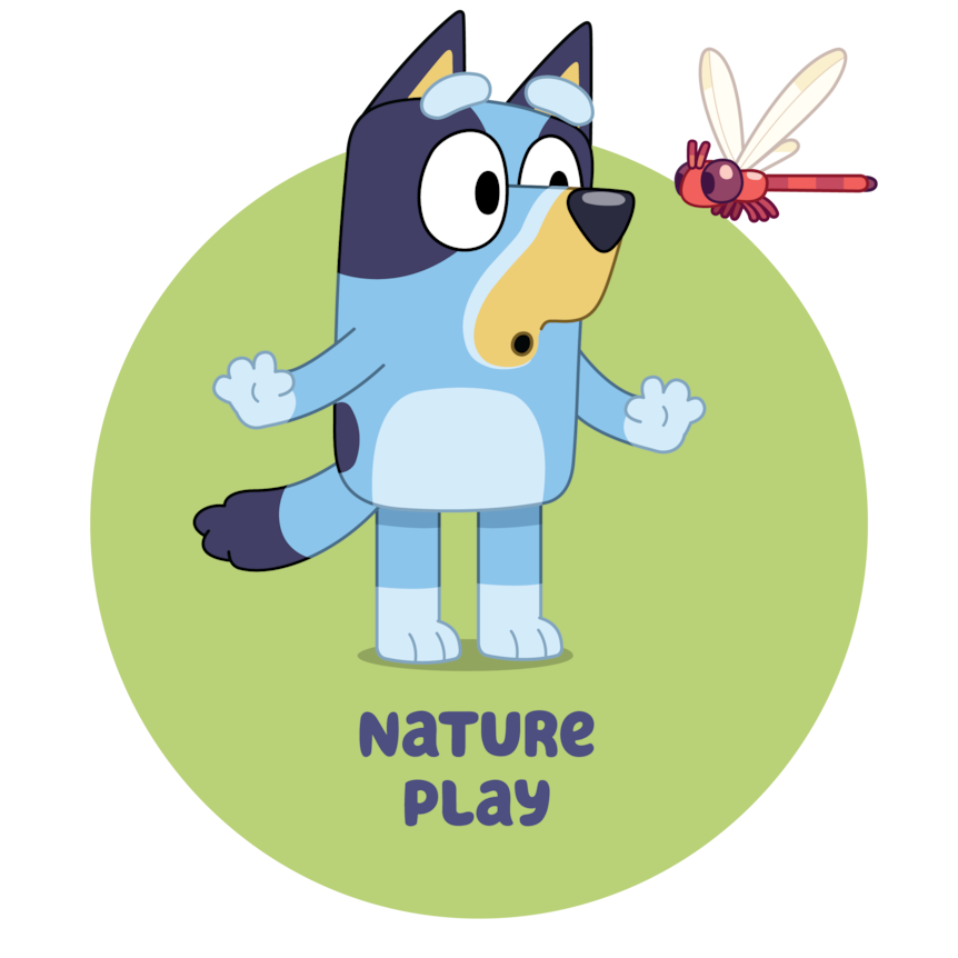 Bluey looking at a dragonfly with the text "Nature Play"