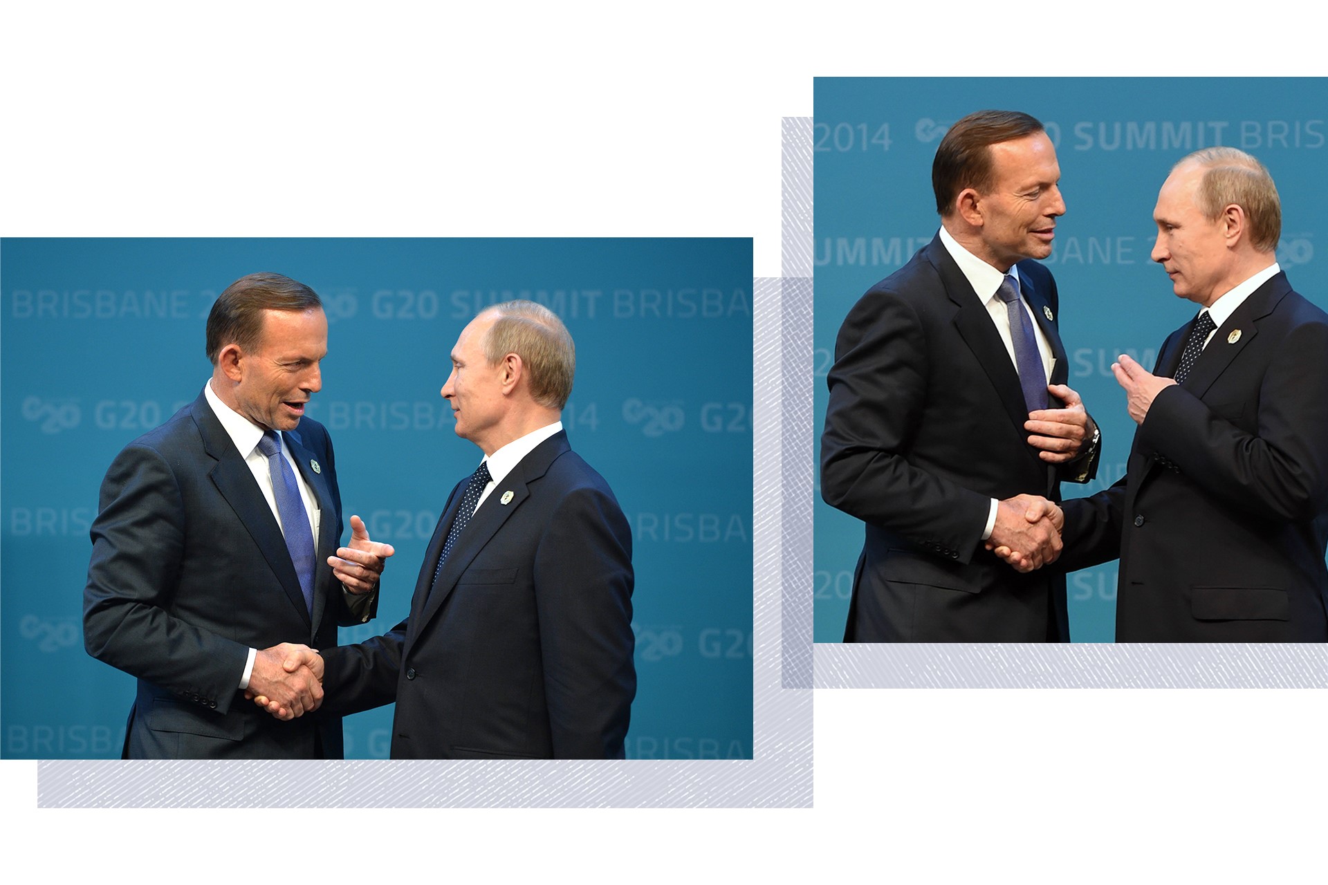 A composite of two images showing Tony Abbott shaking hands with Vladimir Putin at the G20 summit in Brisbane.