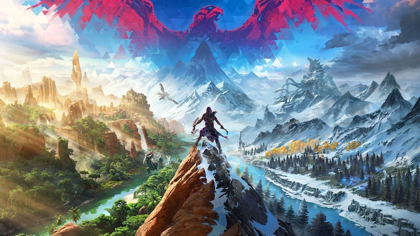Artwork from Horizon Call of the Mountain, depicting a warrior atop a mountain, with the image of a giant bird in the sky